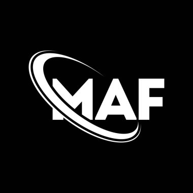 MAF logosu. MAF mektubu. MAF harf logosu tasarımı. Çember ve büyük harfli monogram logosuna bağlı MAF logosu. Teknoloji, iş ve emlak markası için MAF tipografisi.