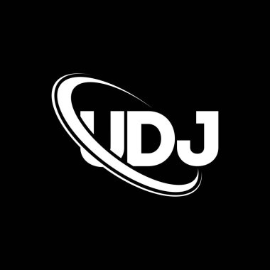 UDJ logosu. UDJ mektubu. UDJ harf logosu tasarımı. Çember ve büyük harfli monogram logosuna bağlı UDJ logosu. Teknoloji, iş ve emlak markası için UDJ tipografisi.