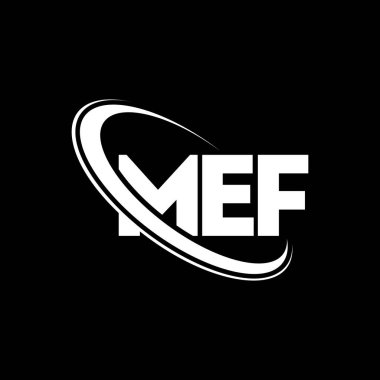 MEF logosu. MEF mektubu. MEF mektup logosu tasarımı. Çember ve büyük harfli monogram logosuna bağlı ilk MEF logosu. Teknoloji, iş ve emlak markası için MEF tipografisi.