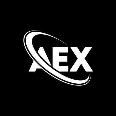 AEX logosu. AEX harfi. AEX harfli logo tasarımı. Daireye ve büyük harfli monogram logosuna bağlı AEX logosu. Teknoloji, iş ve emlak markası için AEX tipografisi.