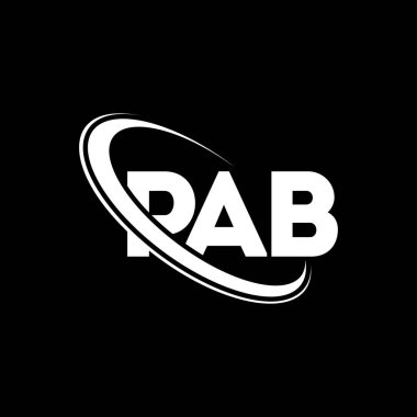 PAB logosu. PAB mektubu. PAB mektup logosu tasarımı. Çember ve büyük harfli monogram logosuna bağlı PAB logosu. Teknoloji, iş ve emlak markası için PAB tipografisi.