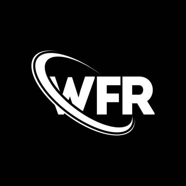 WFR logosu. WFR mektubu. WFR harf logosu tasarımı. Çember ve büyük harfli monogram logosuna bağlı baş harfler WFR logosu. Teknoloji, iş ve emlak markası için WFR tipografisi.