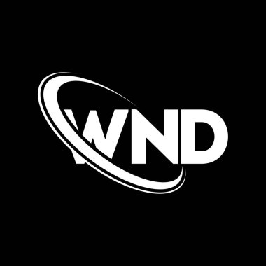 WND logosu. WND mektubu. WND harfli logo tasarımı. Çember ve büyük harfli monogram logosuna bağlı baş harfler WND logosu. Teknoloji, iş ve emlak markası için WND tipografisi.