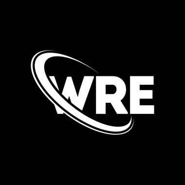 WRE logosu. WRE mektubu. WRE harf logosu tasarımı. Çember ve büyük harfli monogram logosuna bağlı WRE logosu. Teknoloji, iş ve emlak markası için WRE tipografisi.