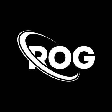 ROG logosu. ROG mektubu. ROG harf logosu tasarımı. Çember ve büyük harfli monogram logosuyla birleştirilmiş ROG logosu. Teknoloji, iş ve emlak markası için ROG tipografisi.
