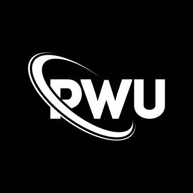 PWU logosu. PWU mektubu. PWU mektup logosu tasarımı. Çember ve büyük harfli monogram logosuyla birleştirilmiş PWU logosu. Teknoloji, iş ve emlak markası için PWU tipografisi.