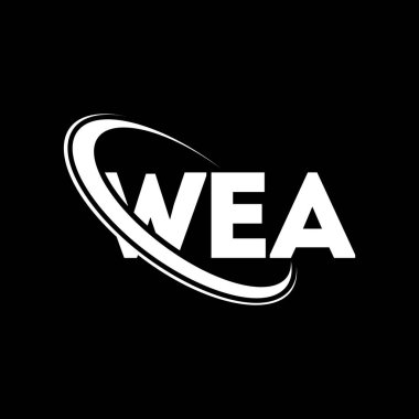 Wea logosu. WEA mektubu. WEA mektup logosu tasarımı. Çember ve büyük harfli monogram logosuna bağlı baş harfler WEA logosu. WEA teknoloji, iş ve emlak markası tipografisi.