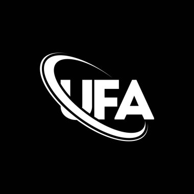 UFA logosu. UFA mektubu. UFA harf logosu tasarımı. Çember ve büyük harfli monogram logosuna bağlı UFA logosu. Teknoloji, iş ve emlak markası için UFA tipografisi.