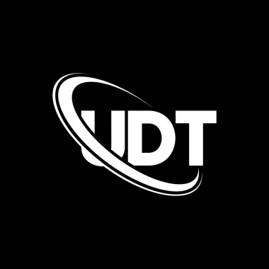 UDT logosu. UDT mektubu. UDT harf logosu tasarımı. Çember ve büyük harfli monogram logosuna bağlı ilk UDT logosu. Teknoloji, iş ve emlak markası için UDT tipografisi.