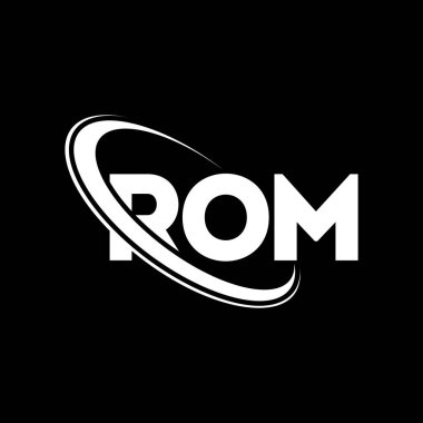 ROM logosu. ROM mektubu. ROM harfi logo tasarımı. Daireye ve büyük harfli monogram logosuna bağlı ROM logosunun baş harfleri. Teknoloji, iş ve emlak markası ROM tipografisi.