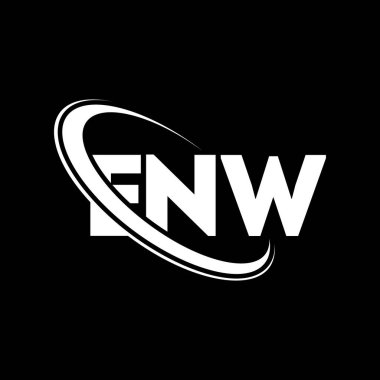 ENW logosu. ENW mektubu. ENW harf logosu tasarımı. Çember ve büyük harfli monogram logosuna bağlı baş harfler ENW logosu. Teknoloji, iş ve emlak markası için ENW tipografisi.