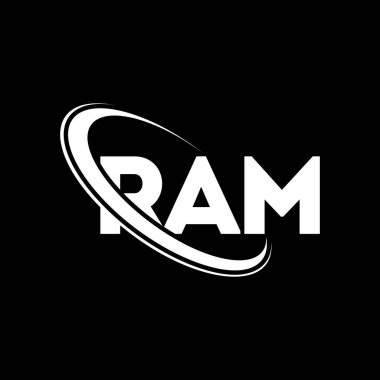 RAM logosu. RAM mektubu. RAM harf logosu tasarımı. Çember ve büyük harfli monogram logosuna bağlı ilk RAM logosu. Teknoloji, iş ve emlak markası için RAM tipografisi.