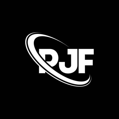 PJF logosu. PJF mektubu. PJF mektup logosu tasarımı. Çember ve büyük harfli monogram logosuyla birleştirilmiş PJF logosu. Teknoloji, iş ve emlak markası için PJF tipografisi.