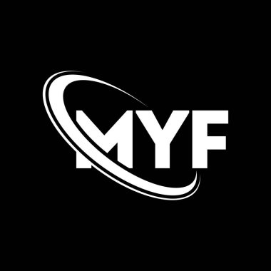 MYF logosu. MYF mektubu. MYF mektup logosu tasarımı. Çember ve büyük harfli monogram logosuna bağlı baş harfler. Teknoloji, iş ve emlak markası için MYF tipografisi.