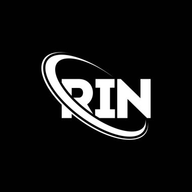 RIN logosu. RIN mektubu. RIN mektup logosu tasarımı. Çember ve büyük harfli monogram logosuna bağlı RIN logosu. Teknoloji, iş ve emlak markası için RIN tipografisi.