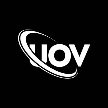 UOV logosu. UOV harfi. UOV harf logosu tasarımı. Çember ve büyük harfli monogram logosuna bağlı UOV logosu. Teknoloji, iş ve emlak markası için UOV tipografisi.