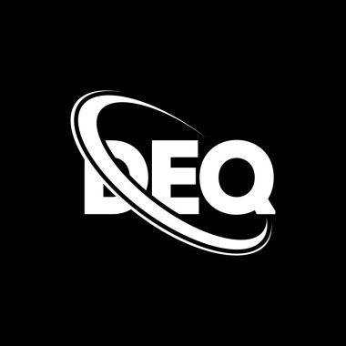 DEQ logosu. DEQ mektubu. DEQ harf logosu tasarımı. Çember ve büyük harfli monogram logosuna bağlı DEQ logosu. Teknoloji, iş ve emlak markası için DEQ tipografisi.