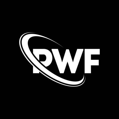 PWF logosu. PWF mektubu. PWF mektup logosu tasarımı. Çember ve büyük harfli monogram logosuyla birleştirilmiş PWF logosu. Teknoloji, iş ve emlak markası için PWF tipografisi.