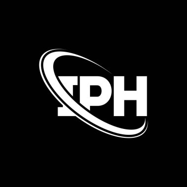 IPH logosu. IPH mektubu. IPH harf logosu tasarımı. Çember ve büyük harfli monogram logosuna bağlı ilk IPH logosu. Teknoloji, iş ve emlak markası için IPH tipografisi.