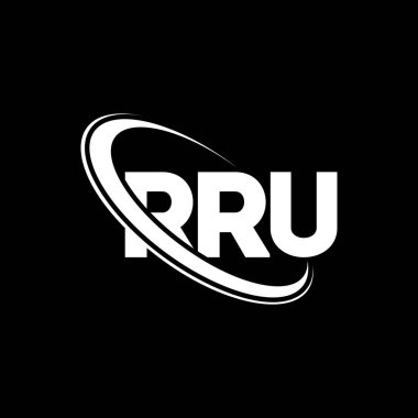 RRU logosu. RRU mektubu. RRU harf logosu tasarımı. Çember ve büyük harfli monogram logosuna bağlı RRU logosu. Teknoloji, iş ve emlak markası için RRU tipografisi.