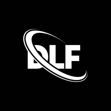 DLF logosu. DLF mektubu. DLF mektup logosu tasarımı. Çember ve büyük harfli monogram logosuna bağlı DLF logosu. Teknoloji, iş ve emlak markası için DLF tipografisi.