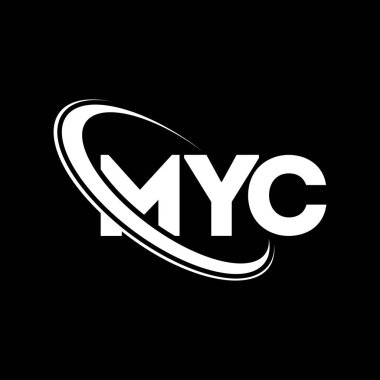 MYC logosu. MYC mektubu. MYC mektup logosu tasarımı. Çember ve büyük harfli monogram logosuna bağlı baş harfler. Teknoloji, iş ve emlak markası için MYC tipografisi.