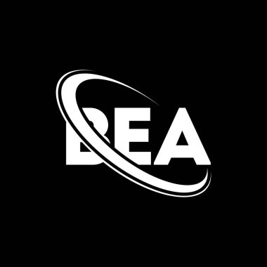 Bea logosu. BEA mektubu. BEA mektup logosu tasarımı. Çember ve büyük harfli monogram logosuna bağlı baş harfler BEA logosu. Teknoloji, iş ve emlak markası BEA tipografisi.