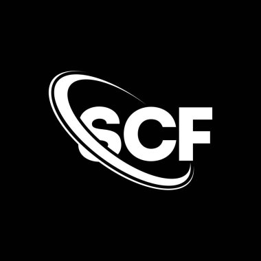 SCF logosu. SCF mektubu. SCF mektup logosu tasarımı. Çember ve büyük harfli monogram logosuyla birleştirilmiş SCF logosu. Teknoloji, iş ve emlak markası için SCF tipografisi.