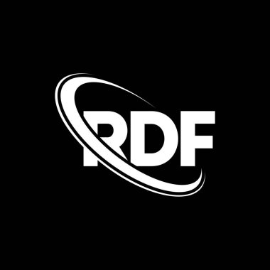 RDF logosu. RDF mektubu. RDF mektup logosu tasarımı. Çember ve büyük harfli monogram logosuna bağlı RDF logosu. Teknoloji, iş ve emlak markası için RDF tipografisi.