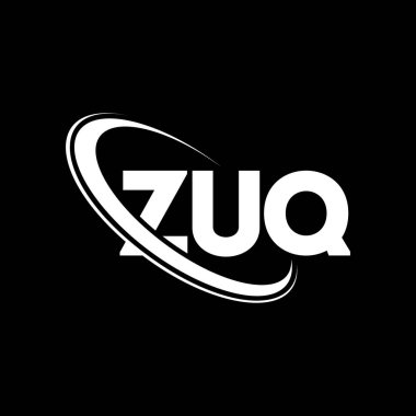 ZUQ logosu. ZUQ harfi. ZUQ harfli logo tasarımı. Çember ve büyük harfli monogram logosuna bağlı baş harfler ZUQ logosu. Teknoloji, iş ve emlak markası için ZUQ tipografisi.