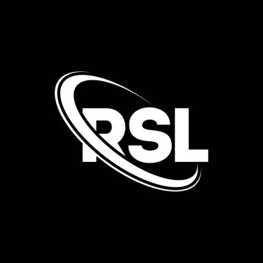 RSL logosu. RSL mektubu. RSL harf logosu tasarımı. Çember ve büyük harfli monogram logosuna bağlı RSL logosu. Teknoloji, iş ve emlak markası için RSL tipografisi.