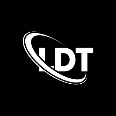 LDT logosu. LDT mektubu. LDT harf logosu tasarımı. Çember ve büyük harfli monogram logosuna bağlı LDT logosu. Teknoloji, iş ve emlak markası için LDT tipografisi.