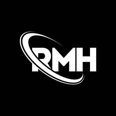 RMH logosu. RMH mektubu. RMH harf logosu tasarımı. Daireye ve büyük harfli monogram logosuna bağlı RMH logosu. Teknoloji, iş ve emlak markası için RMH tipografisi.