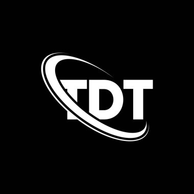 TDT logosu. TDT mektubu. TDT harf logosu tasarımı. Çember ve büyük harfli monogram logosuna bağlı baş harfler TDT logosu. Teknoloji, iş ve emlak markası için TDT tipografisi.
