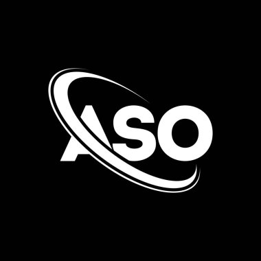 ASO logosu. ASO mektubu. ASO mektup logosu tasarımı. Çember ve büyük harfli monogram logosuyla birleştirilmiş ASO logosu. Teknoloji, iş ve emlak markası için ASO tipografisi.