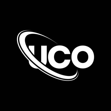 UCO logosu. UCO mektubu. UCO harf logosu tasarımı. Çember ve büyük harfli monogram logosuna bağlı UCO logosu. UCO teknoloji, iş ve emlak markası tipografisi.