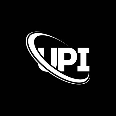 UPI logosu. UPI mektubu. UPI harf logosu tasarımı. Çember ve büyük harfli monogram logosuna bağlı ilk UPI logosu. Teknoloji, iş ve emlak markası için UPI tipografisi.