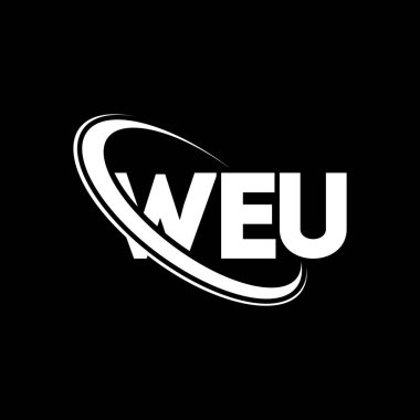 WEU logosu. WEU mektubu. WEU mektup logosu tasarımı. Çember ve büyük harfli monogram logosuna bağlı WEU logosu. WEU teknoloji, iş ve gayrimenkul markası tipografisi.