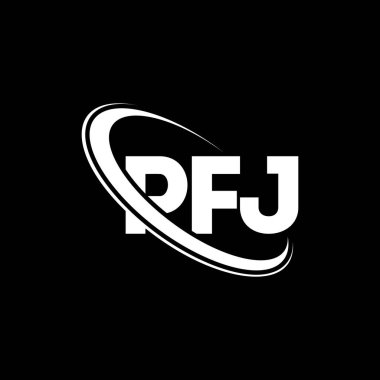 PFJ logosu. PFJ mektubu. PFJ mektup logosu tasarımı. Çember ve büyük harfli monogram logosuyla PFJ logosunun baş harfleri. Teknoloji, iş ve emlak markası için PFJ tipografisi.