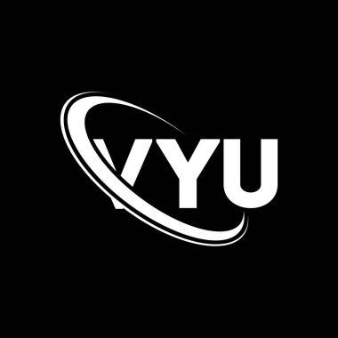 Vyu logosu. Vyu mektubu. Vyu harf logosu tasarımı. Çember ve büyük harfli monogram logosuna bağlı VYU logosu. Teknoloji, iş ve emlak markası için VYU tipografisi.