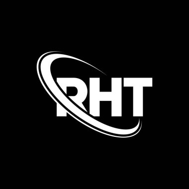 RHT logosu. RHT mektubu. RHT harf logosu tasarımı. Çember ve büyük harfli monogram logosuna bağlı RHT logosu. Teknoloji, iş ve emlak markası için RHT tipografisi.