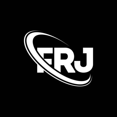 FRJ logosu. FRJ mektubu. FRJ harf logosu tasarımı. Çember ve büyük harfli monogram logosuna bağlı FRJ logosu. Teknoloji, iş ve emlak markası için FRJ tipografisi.