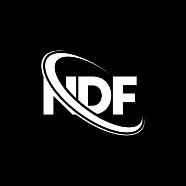 NDF logosu. NDF mektubu. NDF mektup logosu tasarımı. Çember ve büyük harfli monogram logosuna bağlı NDF logosu. Teknoloji, iş ve emlak markası için NDF tipografisi.