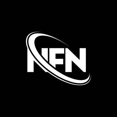 NFN logosu. NFN mektubu. NFN harf logosu tasarımı. Çember ve büyük harfli monogram logosuna bağlı baş harfler NFN logosu. Teknoloji, iş ve emlak markası için NFN tipografisi.