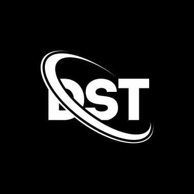 DST logosu. DST mektubu. DST harf logosu tasarımı. Çember ve büyük harfli monogram logosuna bağlı DST logosu. Teknoloji, iş ve emlak markası için DST tipografisi.