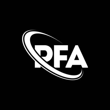 PFA logosu. PFA mektubu. PFA harf logosu tasarımı. Çember ve büyük harfli monogram logosuna bağlı PFA logosu. Teknoloji, iş ve emlak markası için PFA tipografisi.