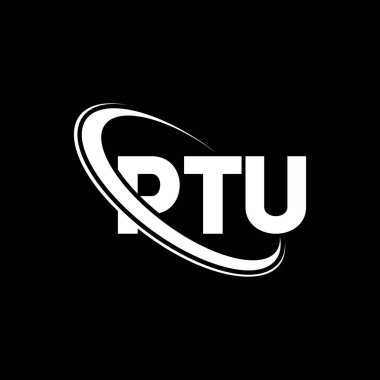 PTU logosu. PTU mektubu. PTU harf logosu tasarımı. Çember ve büyük harfli monogram logosuna bağlı PTU logosu. Teknoloji, iş ve emlak markası için PTU tipografisi.