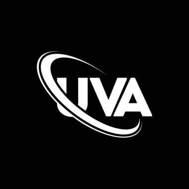 UVA logosu. UVA mektubu. UVA harf logosu tasarımı. Çember ve büyük harfli monogram logosuyla birleştirilmiş UVA logosu. Teknoloji, iş ve emlak markası için UVA tipografisi.