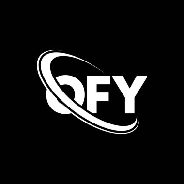 OFY logosu. OFY mektubu. OFY harf logosu tasarımı. Çember ve büyük harfli monogram logosuyla birleştirilmiş OFY logosu. Teknoloji, iş ve emlak markası için OFY tipografisi.