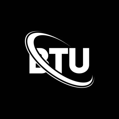 BTU logosu. BTU mektubu. BTU mektup logosu tasarımı. Çember ve büyük harfli monogram logosuna bağlı BTU logosu. Teknoloji, iş ve emlak markası için BTU tipografisi.